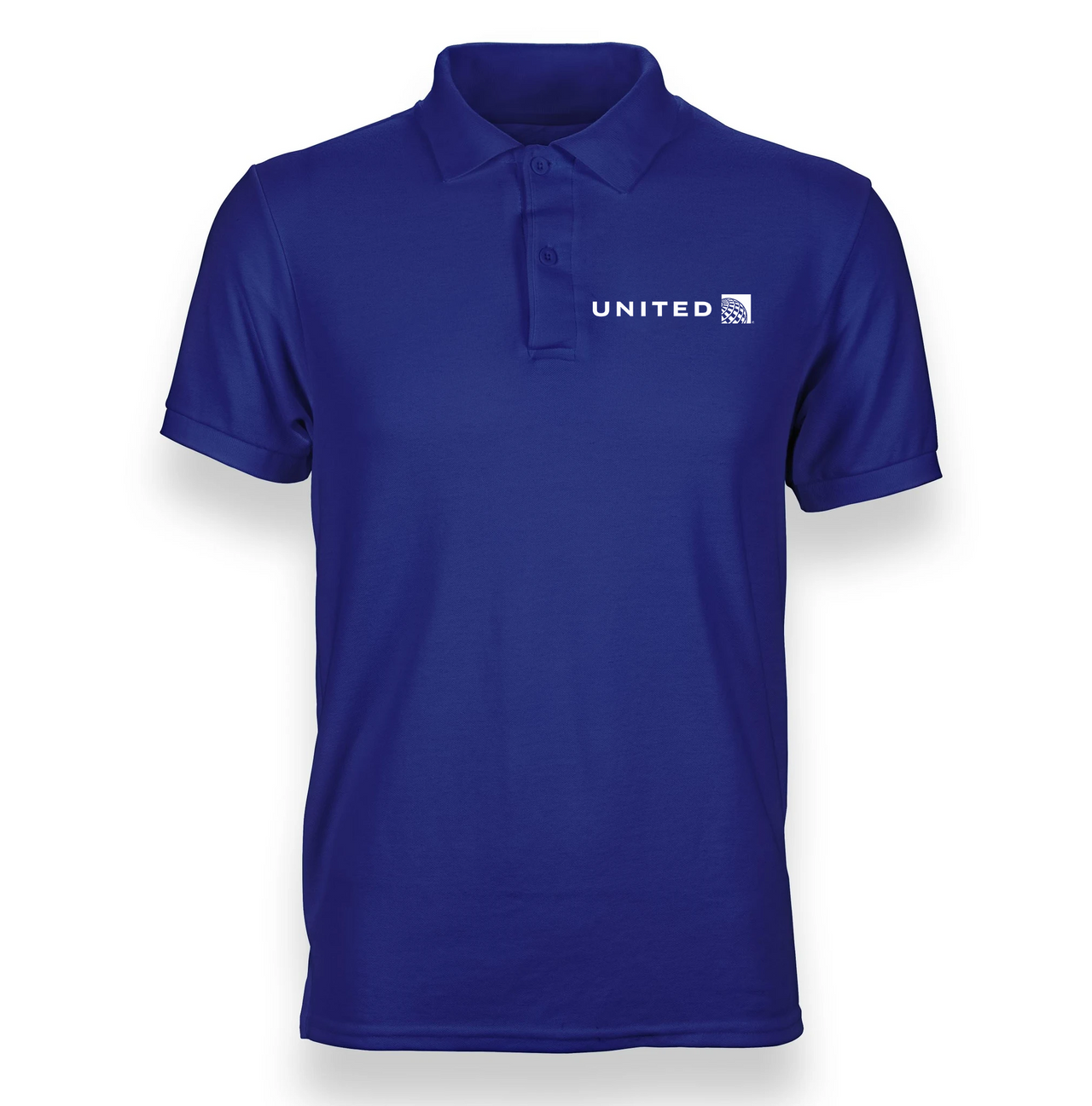 a blue polo shirt with the united logo on it