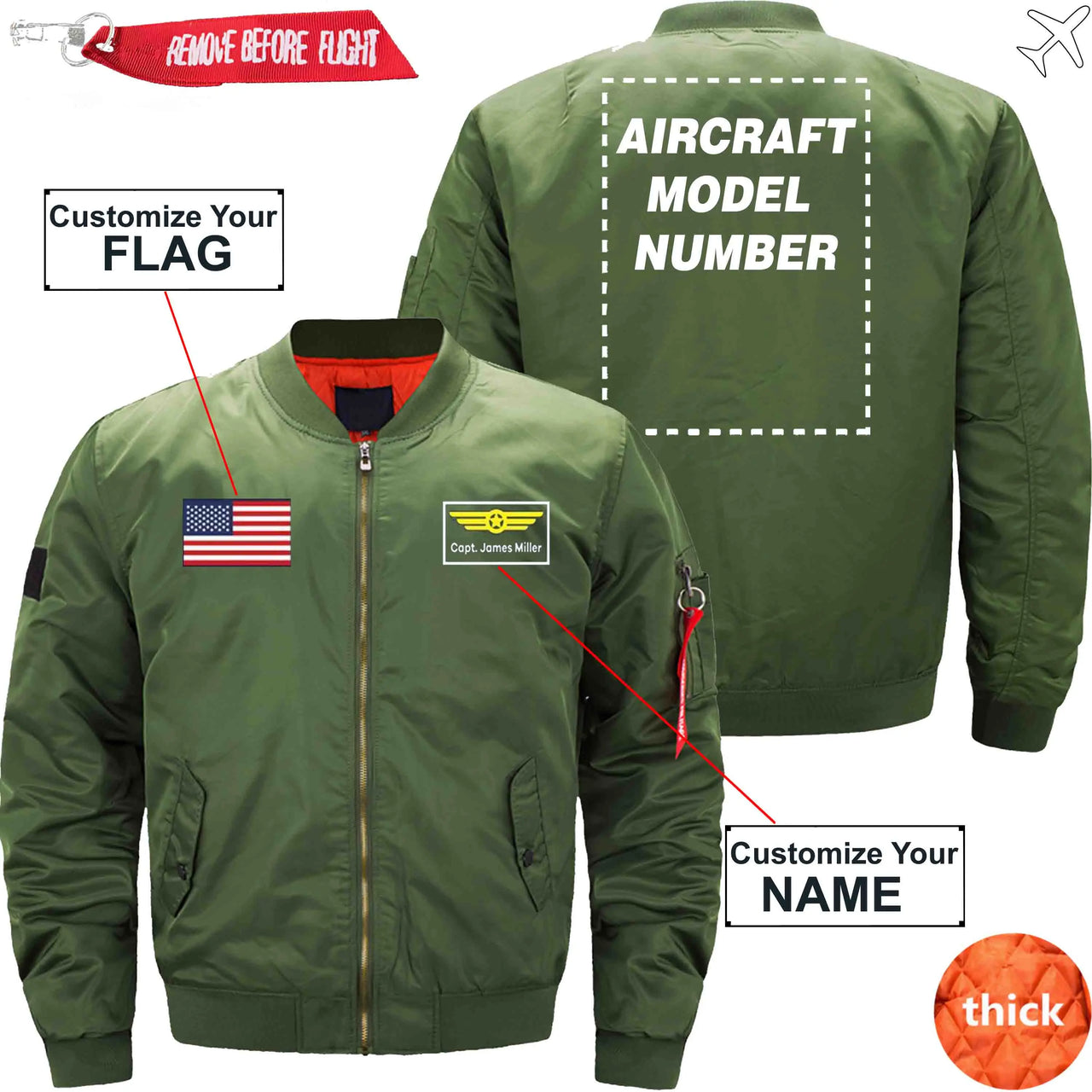 CUSTOM FLAG & NAME WITH AIRCRAFT MODEL NUMBER - JACKET THE AV8R