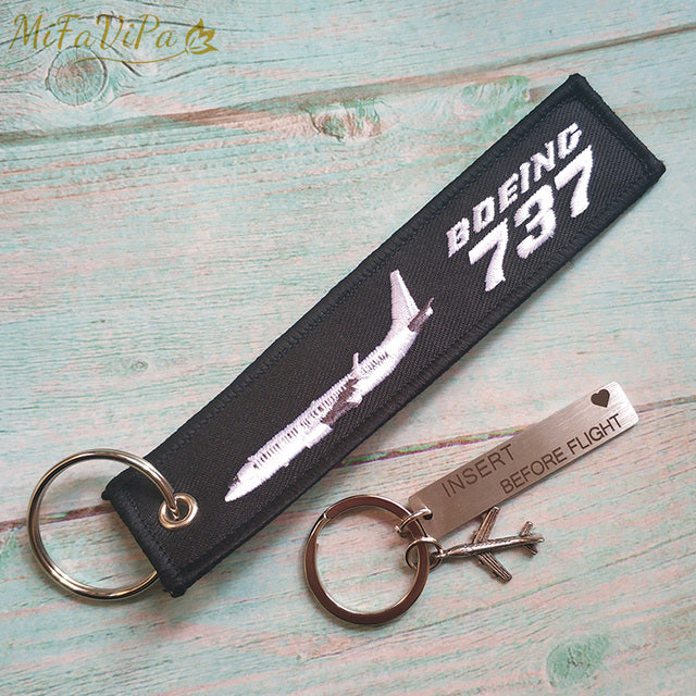 Boeing 737 Keychain Luggage Tag Black Embroidery Aviation Key AV8R